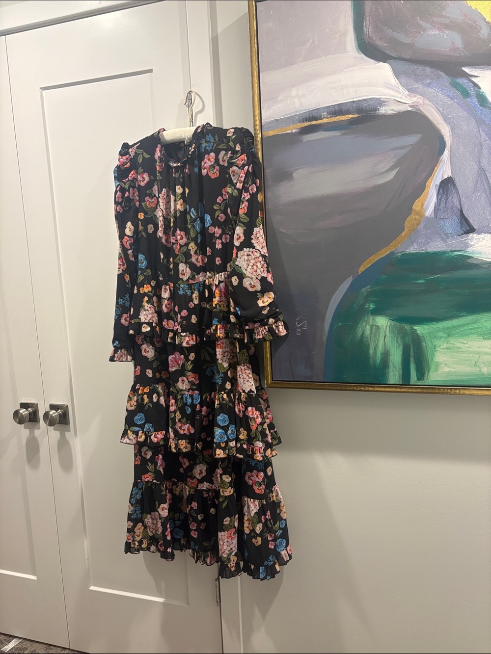 Black Floral Tiered Long-Sleeve Midi Dress